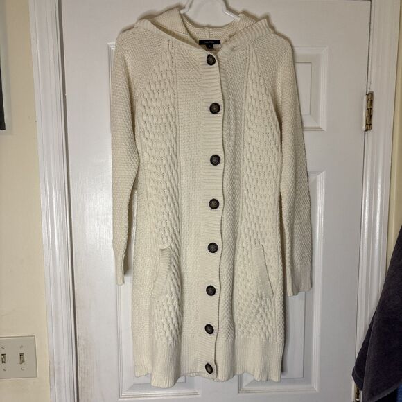 Women’s Nautica Longer Length Hooded Cream Cardigan w/Brown Buttons & Pockets M - Picture 1 of 16